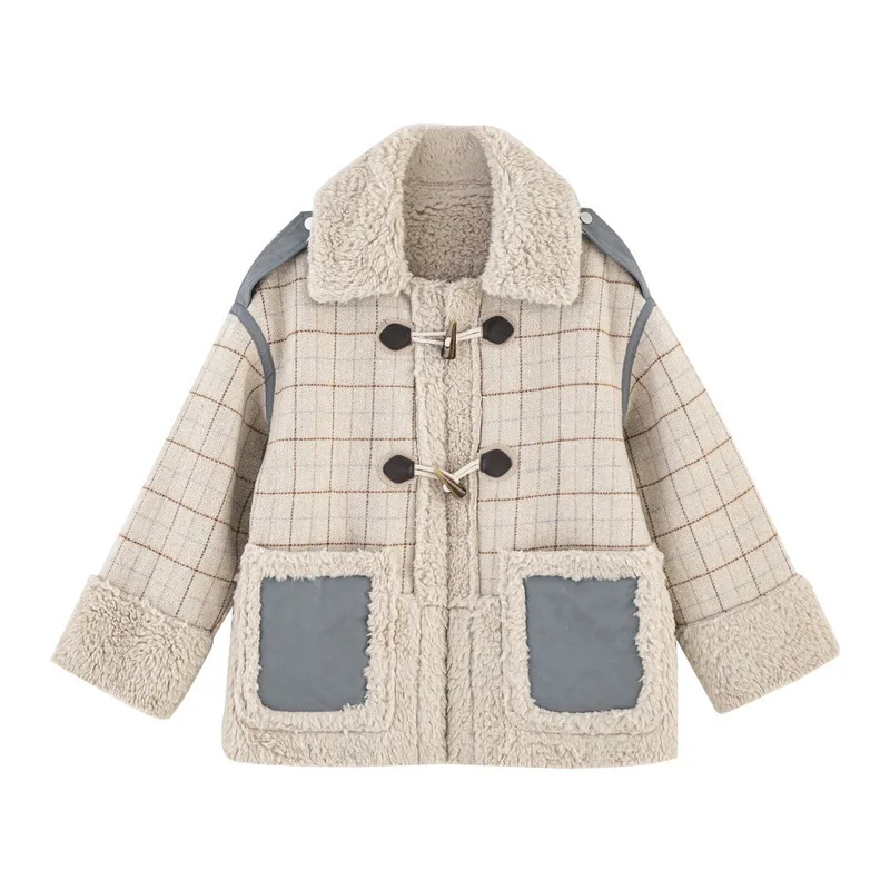 Lamb wool coat women's winter new Female thickened button plaid parka sweet fresh lady all-match Jacket