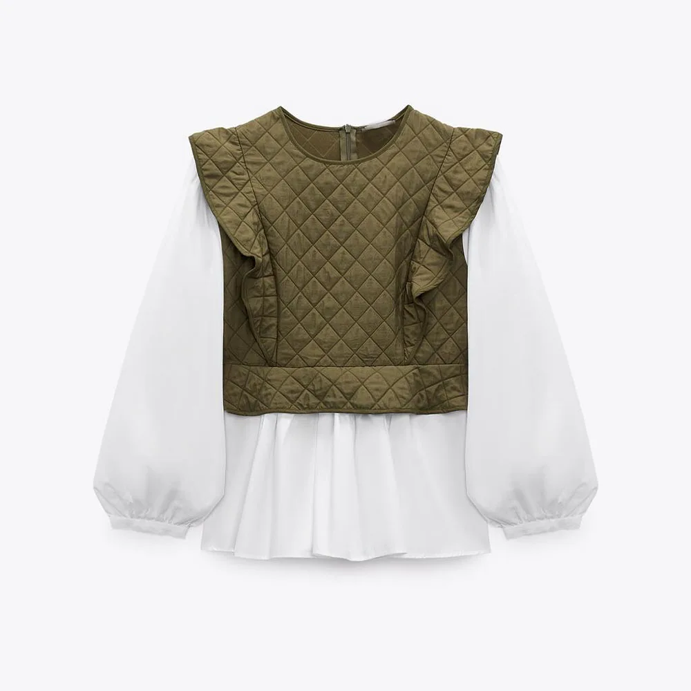 

New women's sweet versatile long sleeve round neck laminated cotton-padded jacket paneled shirt in autumn