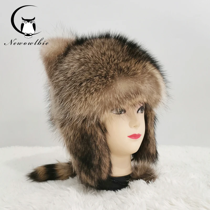 Women Natural Raccoon Fur Caps Ushanka Hats for Winter Thick Warm Ears Fashion Bomber Pom Pom Hat Lady Real Raccoon Fur Cap Tail