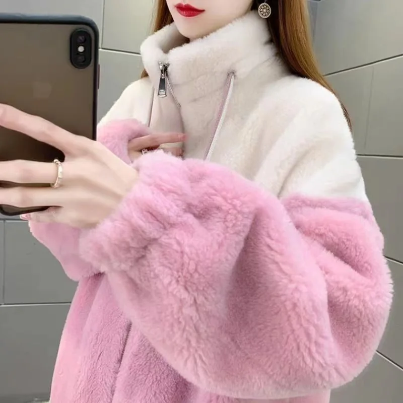 Women Fur Jacket Overcoat Autumn Winter Thick Lamb Fur Coat Female Outwear Fashion Shearling Imitation Rabbit Hair Splicing Coat