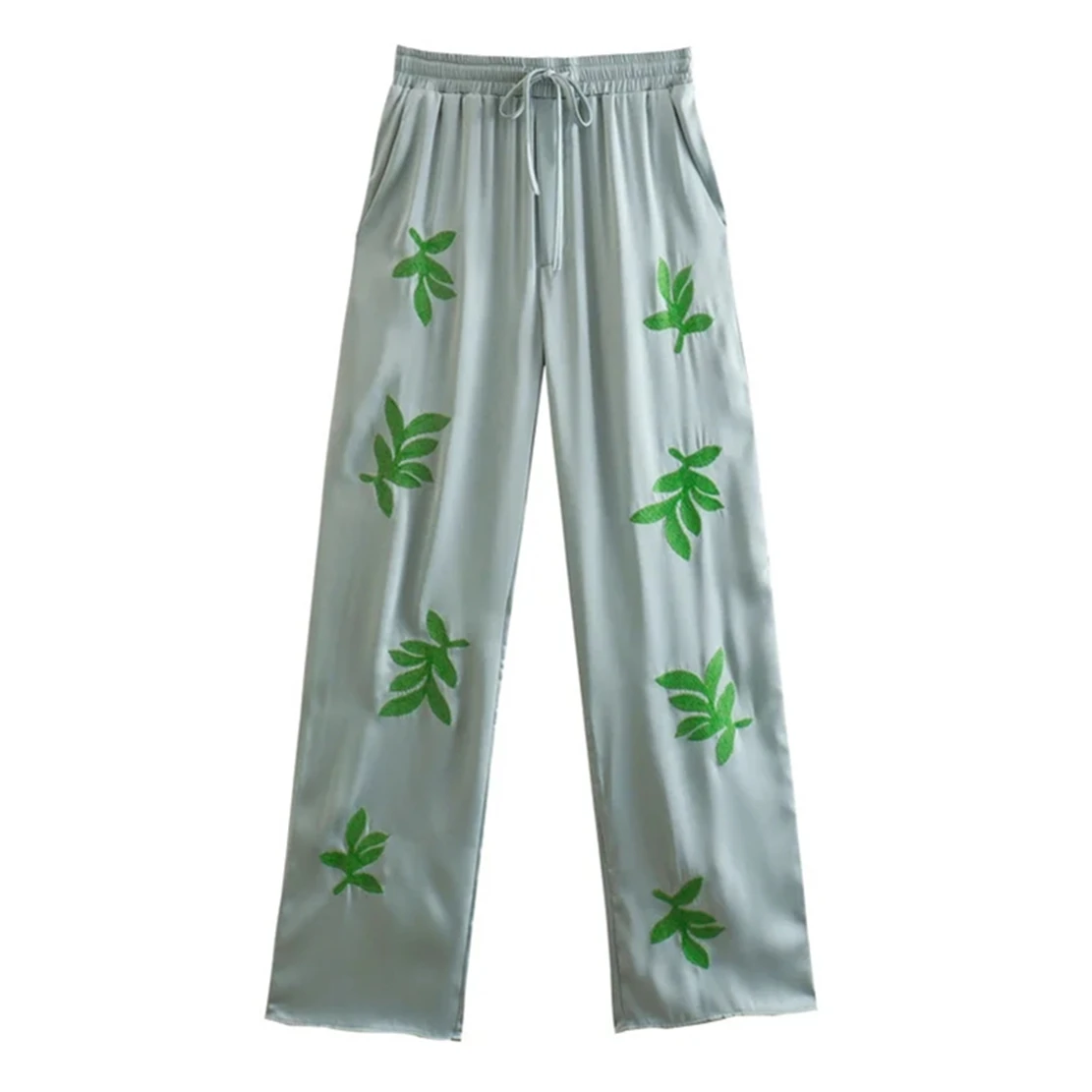 

Dave&Di Leaf Embroidery Drawstring Collect Waist Loose Trousers Satin Casual Pants Women England Style Fashion Green Pants