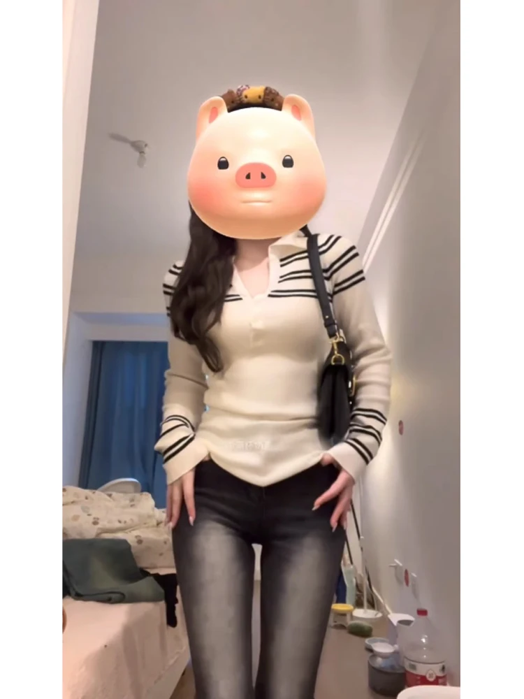 Женский бежевый полосатый пуловер свитер в стиле Харадзюку корейский Y2k с