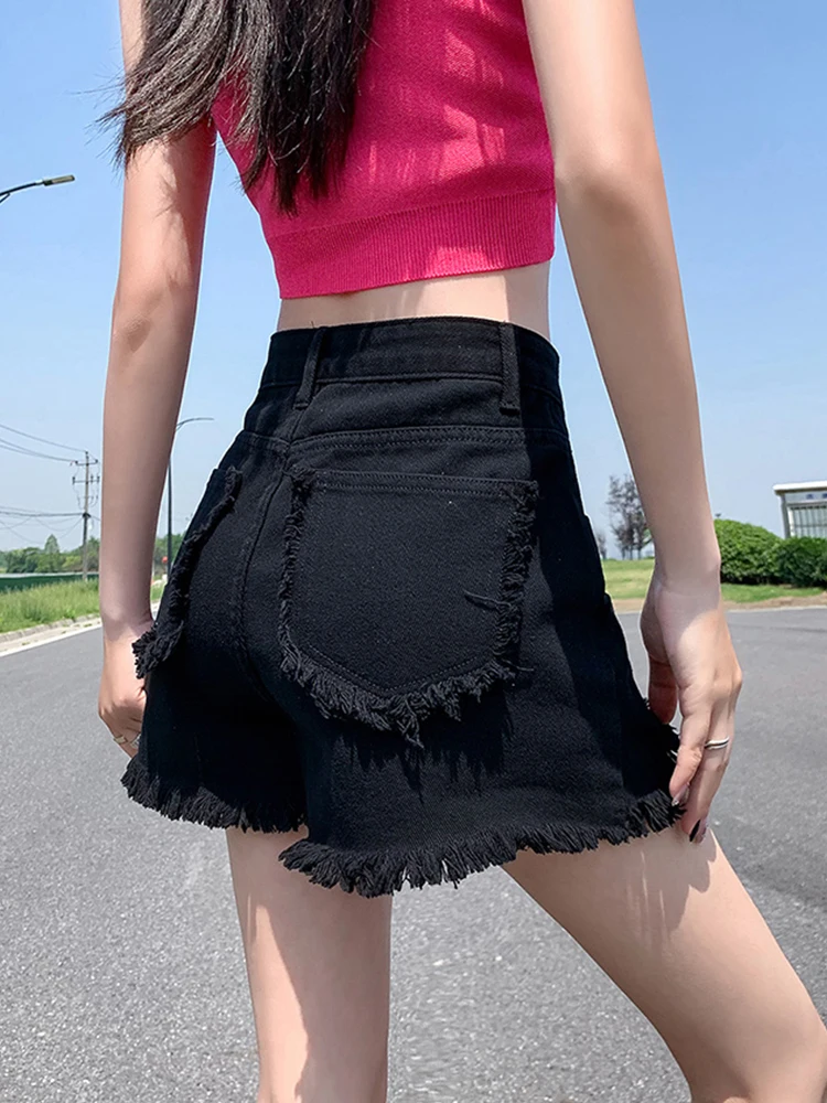 Streetwear Women High Waist Frayed Raw Hem Denim Shorts Spring Summer Female Retro Loose Hole Jeans Shorts Bottoms