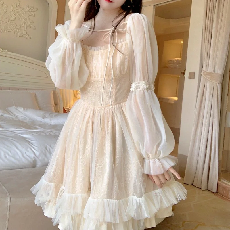 

Vintage Princess Fairy Dress Women Elegant Casual Korean Party Dress Female 2022 Spring High Waist Long Sleeve Lace Sweet Dress