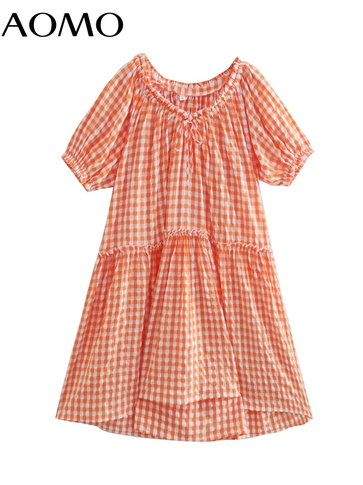 

AOMO 2022 Summer Women Orange Plaid Print Pleated Dress Puff Short Sleeve Ladies Sundress QJ72A
