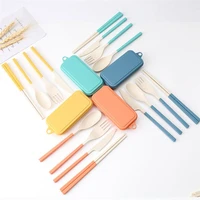 4pcsset travel cutlery portable cutlery box japan style wheat straw knife fork spoon student dinnerware sets kitchen tableware