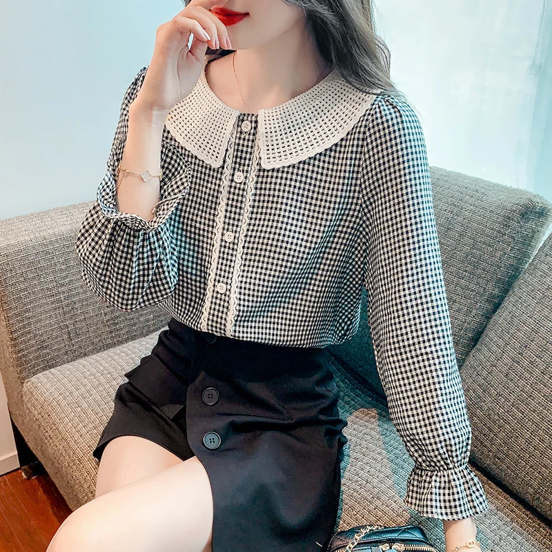 

Chiffon Women's Shirt Summer 2023 New Plaid Blouses Loose Printed Long Sleeve Top Peter Pan Collar Ladies Clothing YCMYUNYAN