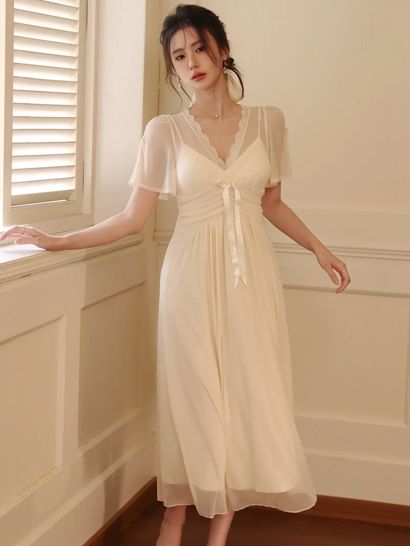 Women Female French Nightgowns Summer Ruffles Sexy Nighty Dress Sexy Mesh Sweet Fairy Victorian Pajamas Sleepwear Homewear