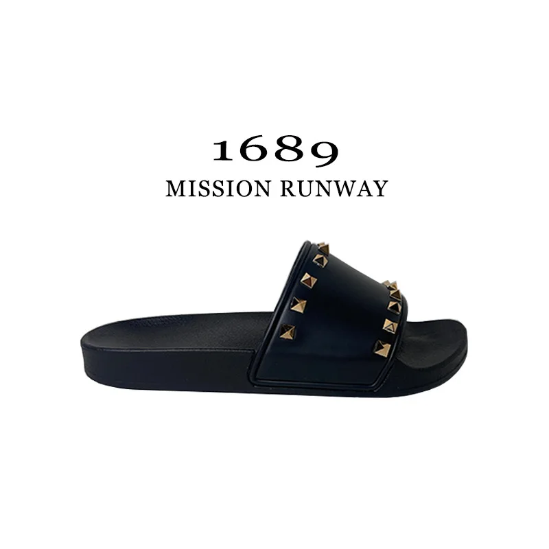Summer Women Slippers 2023 New Pu Leather Rivet Casual Open Toe Flip Flops Slides Flat Shoe Soft Outwear Beach Ladies Slipper