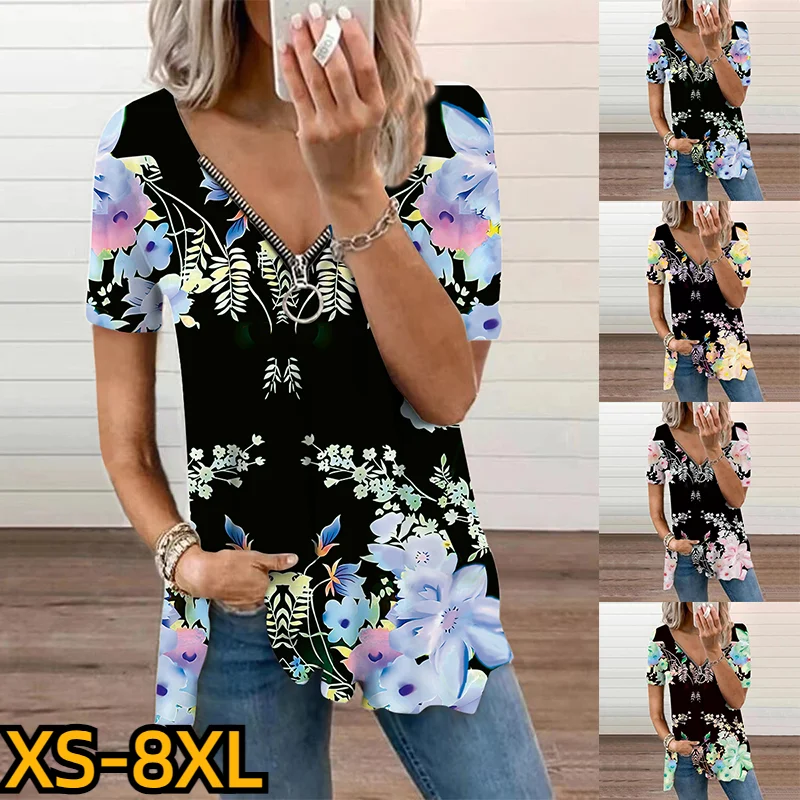 

2023 New Design Printed Top Fashion Casual T-shirt Summer Women's V-neck Elegance Pullover Sexy Zipper Short Sleeve XS-8XL