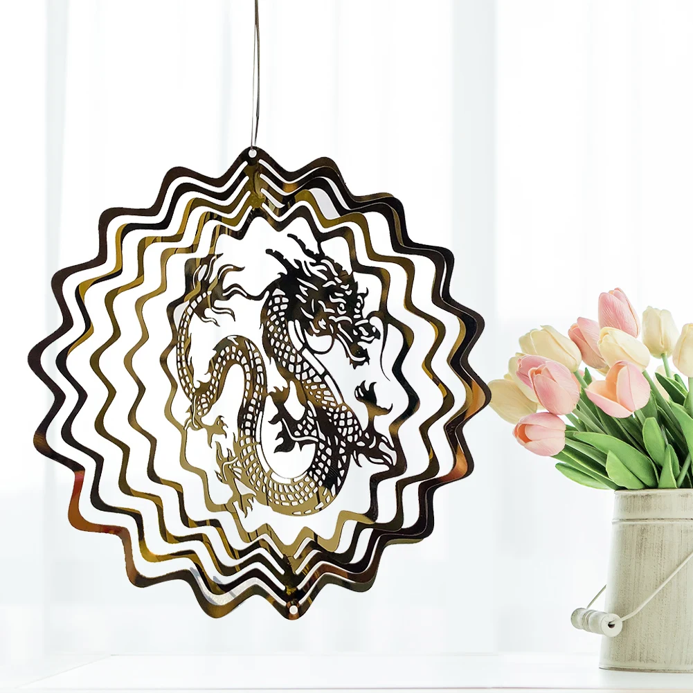 

Metal 3D Dragon Rotating Wind Chime Hollow Mirror Hanging Ornament Home Courtyard Decoration Artwork Creative Lighting Accessory