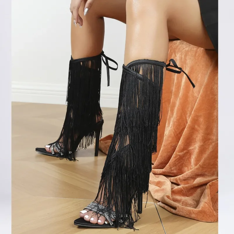 

Fashion Design Style Tassel Women Sandals CRYSTAL Ankle Lace-up Open Toe Thin High Heels Female Sexy Shoes