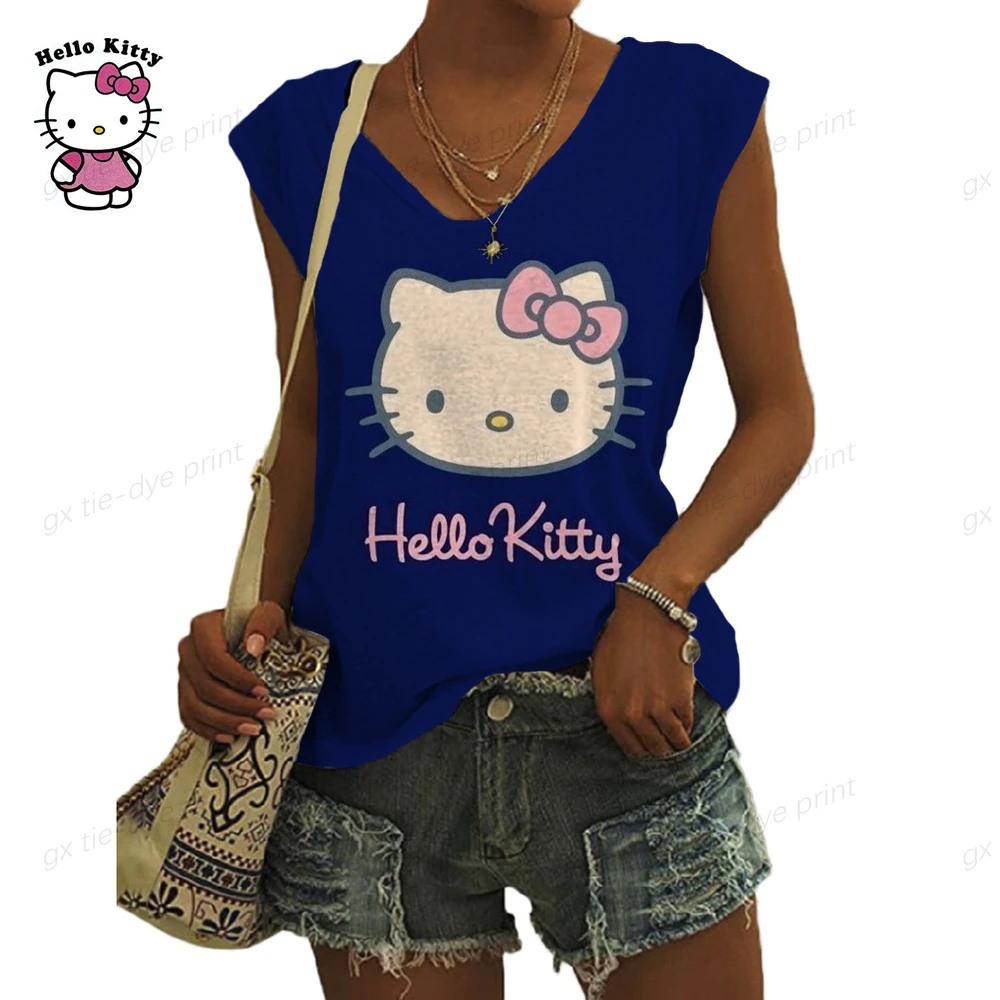 

Женская футболка с коротким рукавом, V-образным вырезом и принтом Hello Kitty
