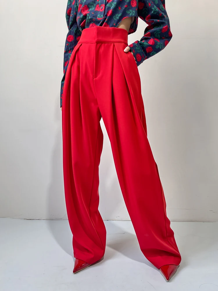 Female Clothes High Waist Red Pleated Long Wide Leg Pants New Casual Loose Fit Trousers Women Fashion Tide Streetwear Pantalones