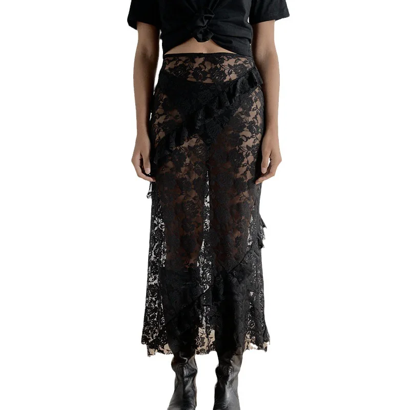 

2023 Summer Women's Dress Design Sense Lace Splice New Fashion Sexy Spicy Girl Perspective Long Half Skirt