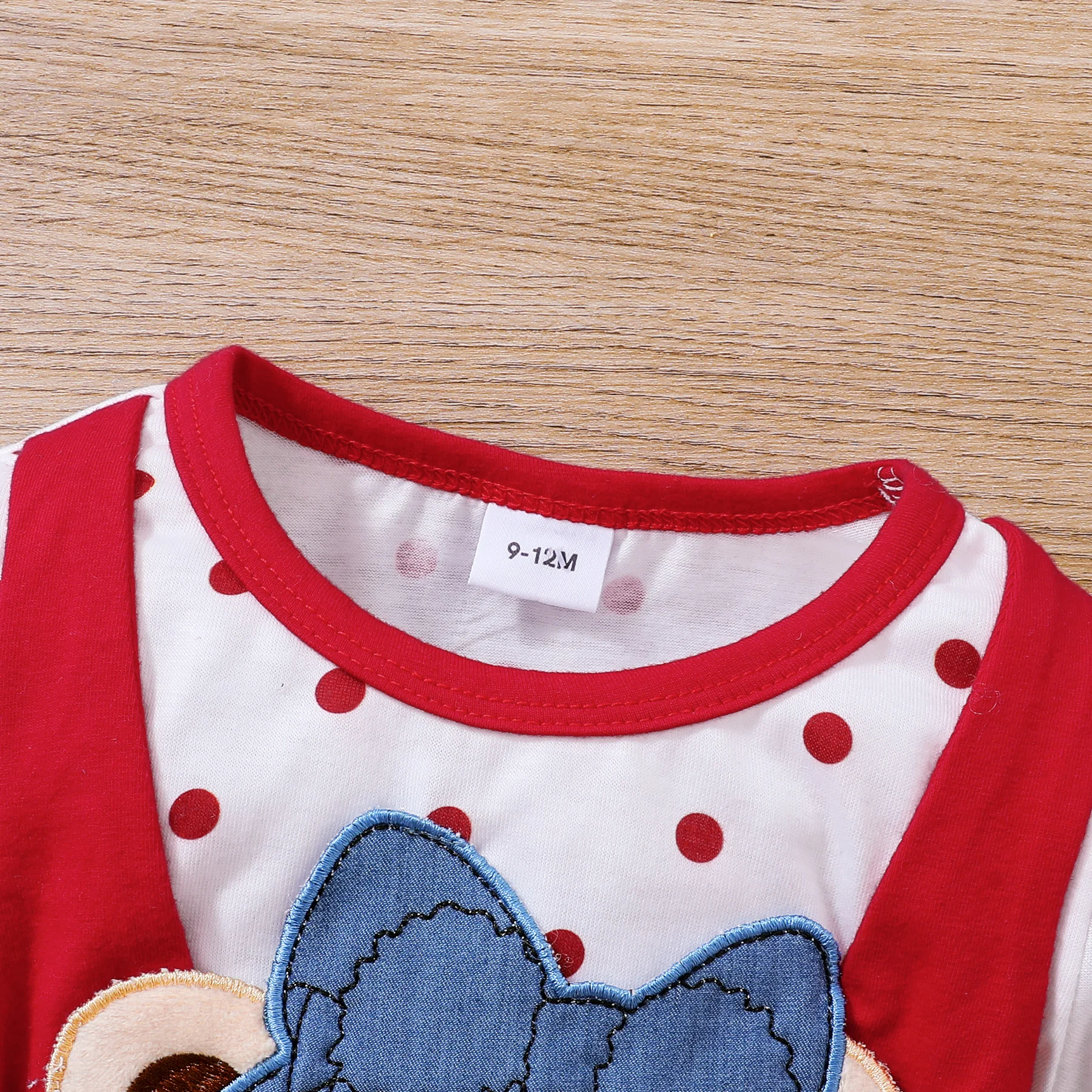 PatPat 2pcs Baby Girl 95% Cotton Bear Embroidered Spliced Polka Dot Print Long-sleeve Romper with Headband Set
