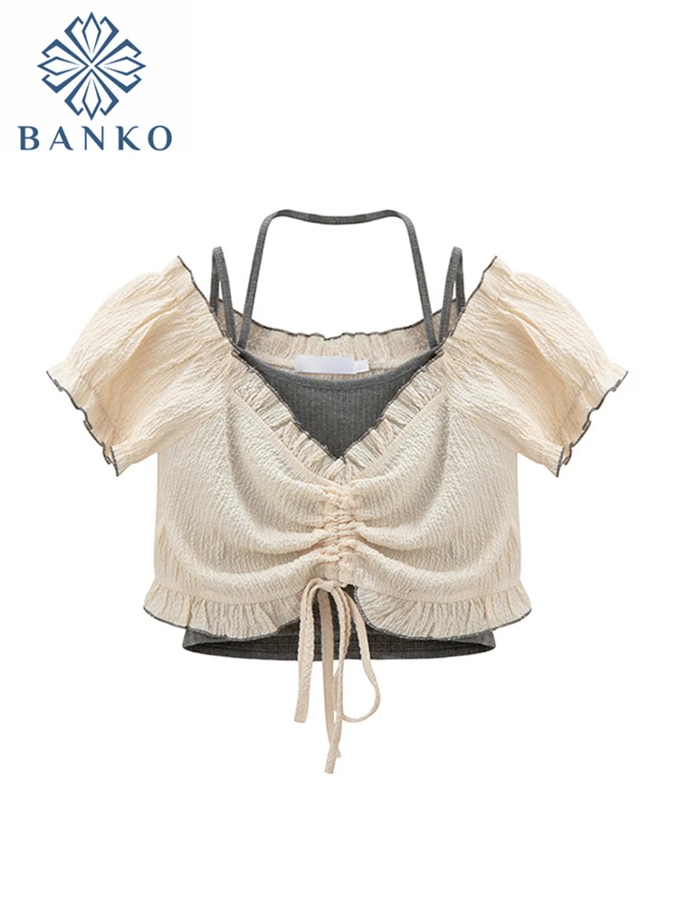 

Drawstring Tie Up Design Women Crop Tops 2023 Fashion New Slash Neck Short Sleeve Tee Female Vintage Ruffle Cozy T-shirt Basic