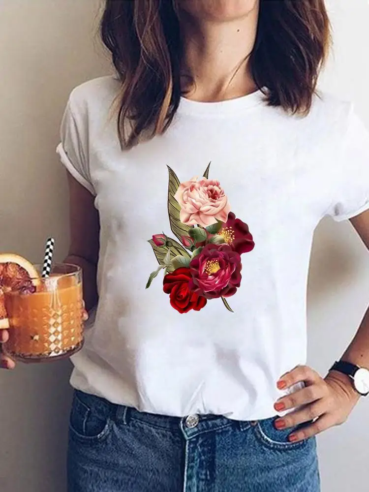 

Summer T Clothing Print Graphic Tee Women Casual T-shirts Female Short Sleeve Flower Lovely Trend 90s Clothes