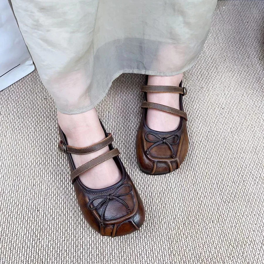 

YourSeason Ladies Flats 2023 New Vintage Round Toe Soft Soles Comfortable Women Genuine Leather Buckle Strap Shoes Solid Color