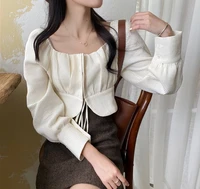 short square collar lace top shirt female 2121 new spring korean style slim temperament long sleeved shirt fashion womens tops