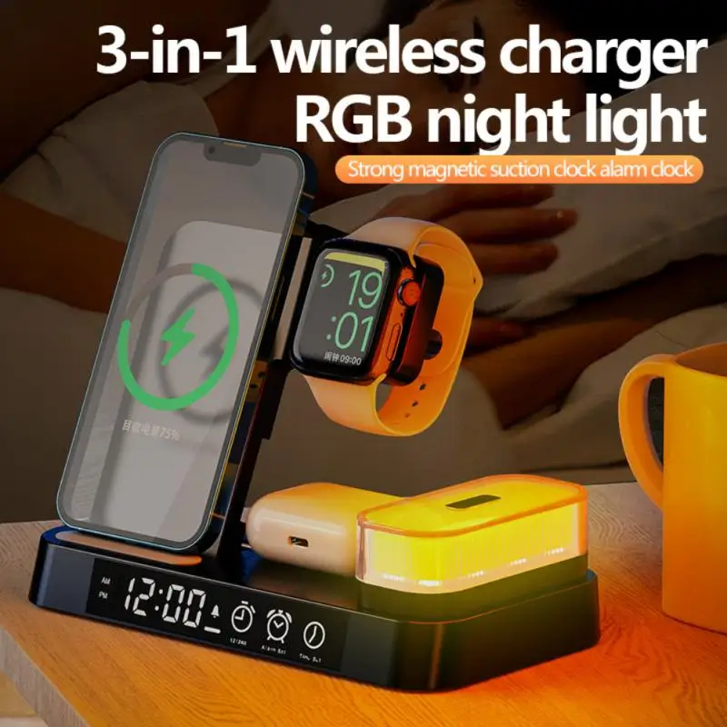 

3 In 1 Fast Charging Dock Station Foldable Wireless Charger Detachable Magnetic Night Light With Clock For Iphone Iwatch Airpods