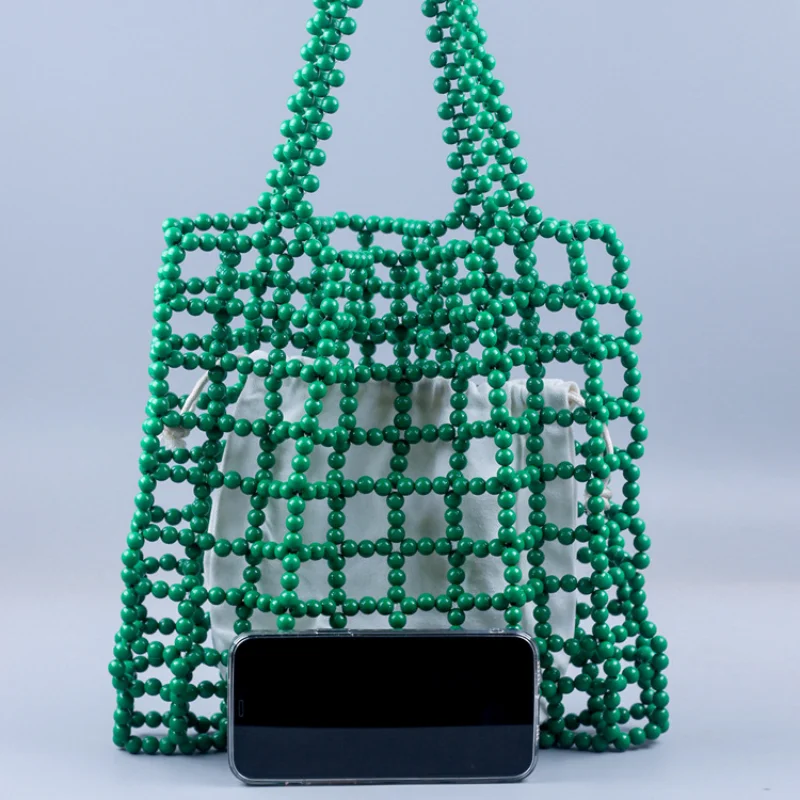 Summer Green Acrylic Beaded Bag Hollow Out Design Women's Tote Bag Seaside Travel Shopping Beach Bag Female Shoulde Bag 2023