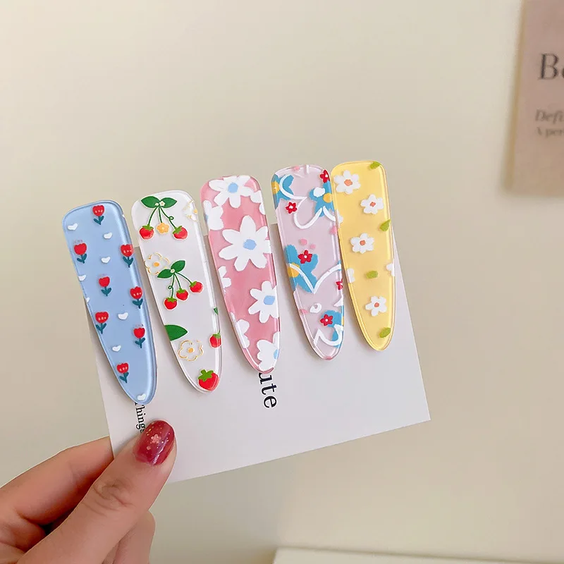 

Korean 2022 Spring New Trendy Acrylic Resin Flower Print Waterdrop Hairpins Hair Clips For Women Hair Jewelry Accessories
