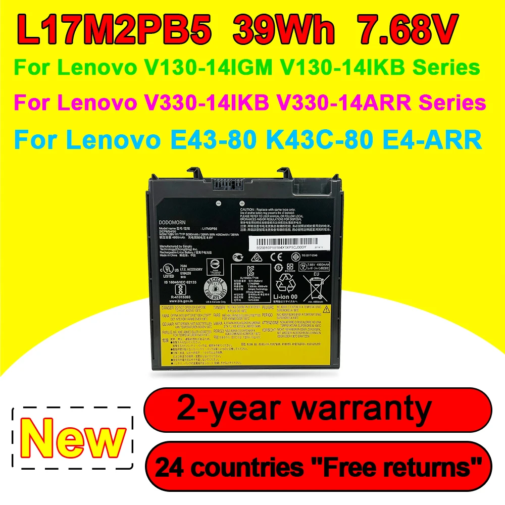 

New 7.68V 39Wh L17M2PB5 L17L2PB5 Laptop Battery For Lenovo V330-14ARR V330-14IKB V130-14IGM V130-14IKB E43-80 E43-80 E4-ARR