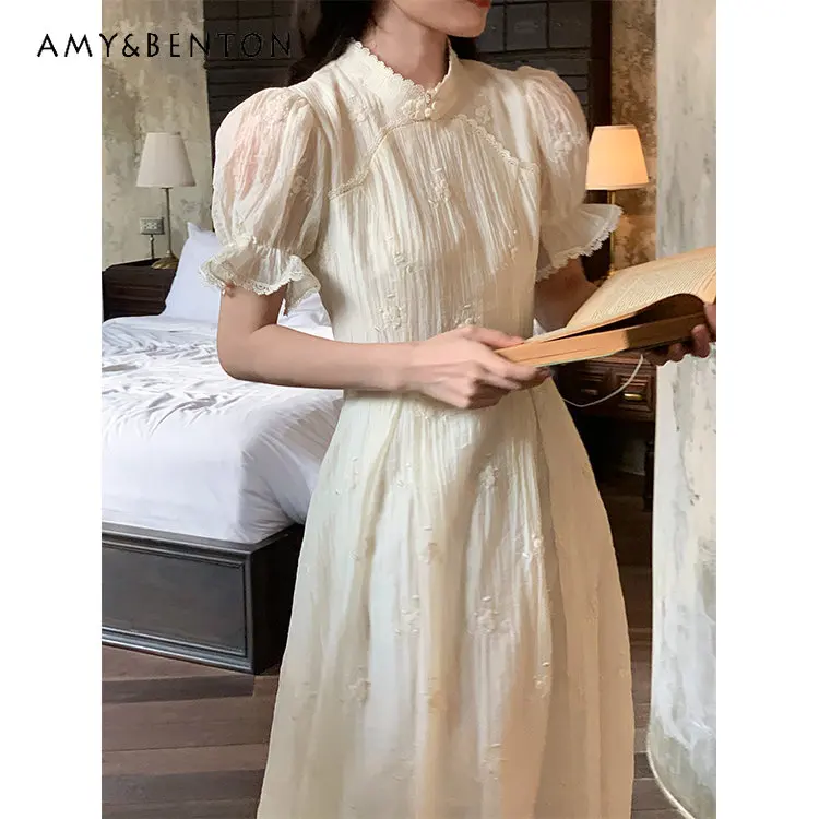 Retro Style Stand Collar Dress Buckle Jacquard Embroidered Summer Elegant Dress for Women New Fashion Short Sleeve Dress