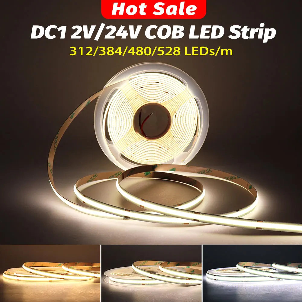 24V 12V COB LED Strip Light Tape 5/8/10mm Width 312 480 528 LEDs Dimmable Flexible Ribbon LED Bar Lamp 3000K 4000K 6000K 5m 10m