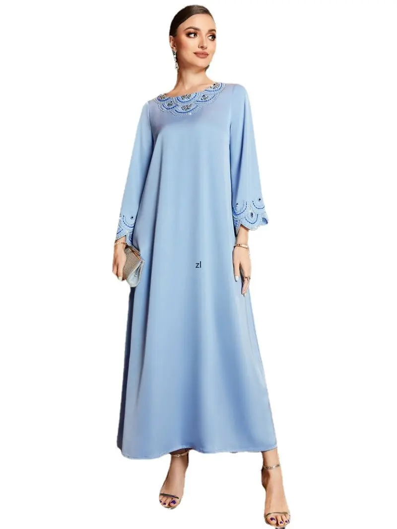 

Vintage Luxury Rhinestone Banquet Evening Party Dress Elegant Casual O-Neck Long Sleeve Modest Fashion Ladies Dresses