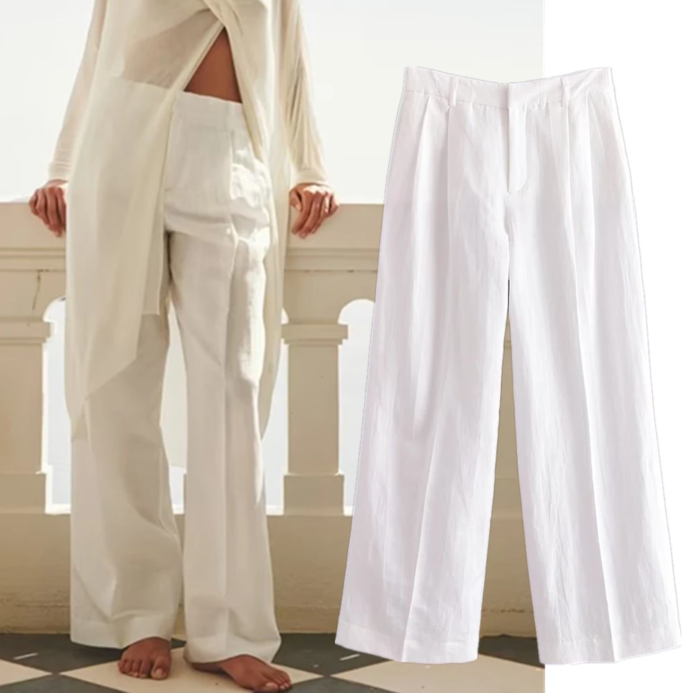 

Dave&Di Moroccan Retro Ladies Straight Pants Fashion Linen Texture Commuter White Casual Pants Women