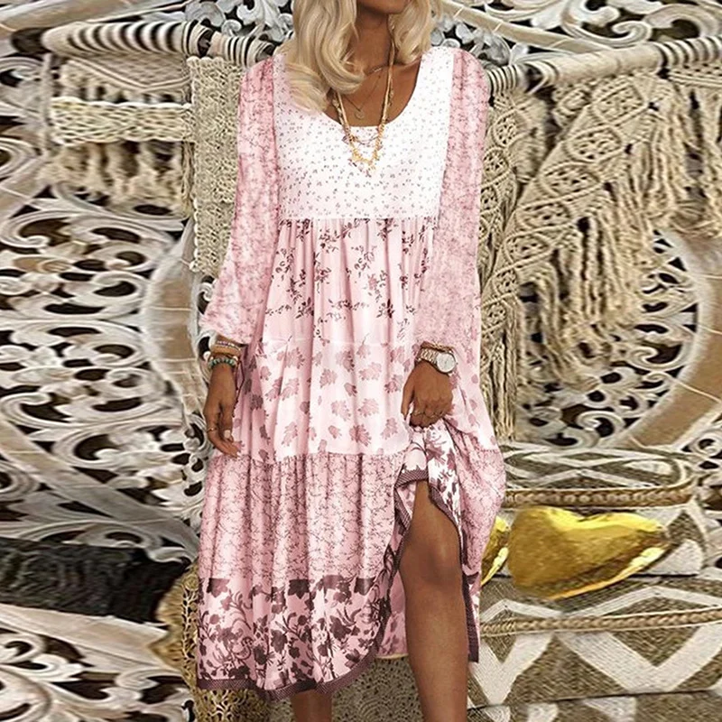 

Loose Print Women Patchwork Dress Summer Casual Long Sleeve O Neck Robe Boho Beach Maxi Female Sundress