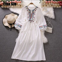 liba sin women ethnic style seaside resort beach dress round neck puff sleeves waist slim bohemian beauty long dress