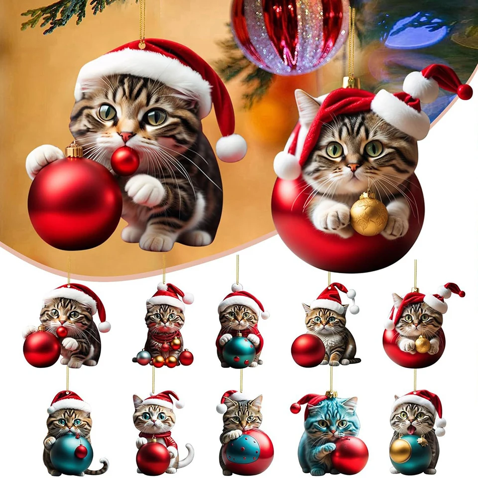 

Cute 2D Cat Christmas Ball Acrylic Pendants Ornaments Christmas Tree Ornaments Xmas Decorations Hanging Gifts For Home Navidad