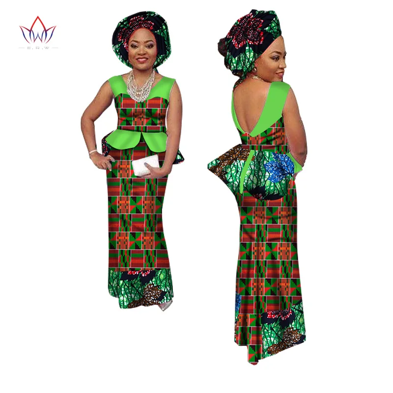 Bintarealwax, африканские женские комплекты с юбкой, африканская мода, комплект из 2 предметов с платком, хлопковая ткань, верх с открытой спиной и юбка WY1407