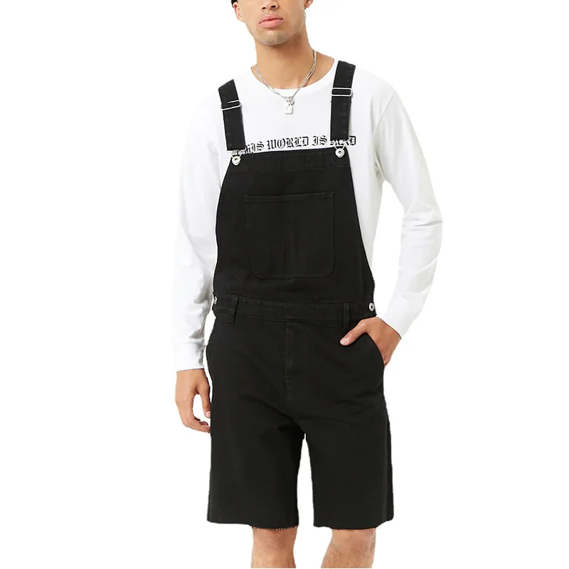 New Retro Mens Jeans Denim Ripped Shorts One-piece Overalls Bib Knee Length Pants Black Jumpsuit