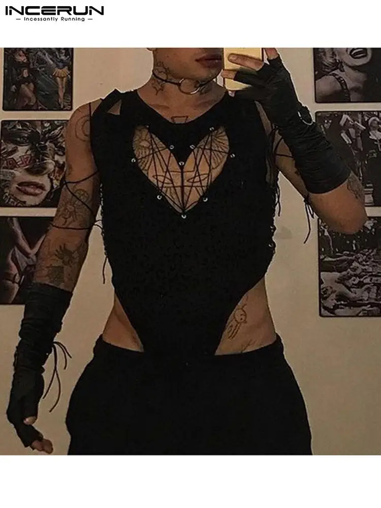 

Men Bodysuits Leopard Print Hollow Out 2022 Sexy Mesh Transparent Lace Up Rompers Sleeveless Bodysuit Underwear S-5XL INCERUN