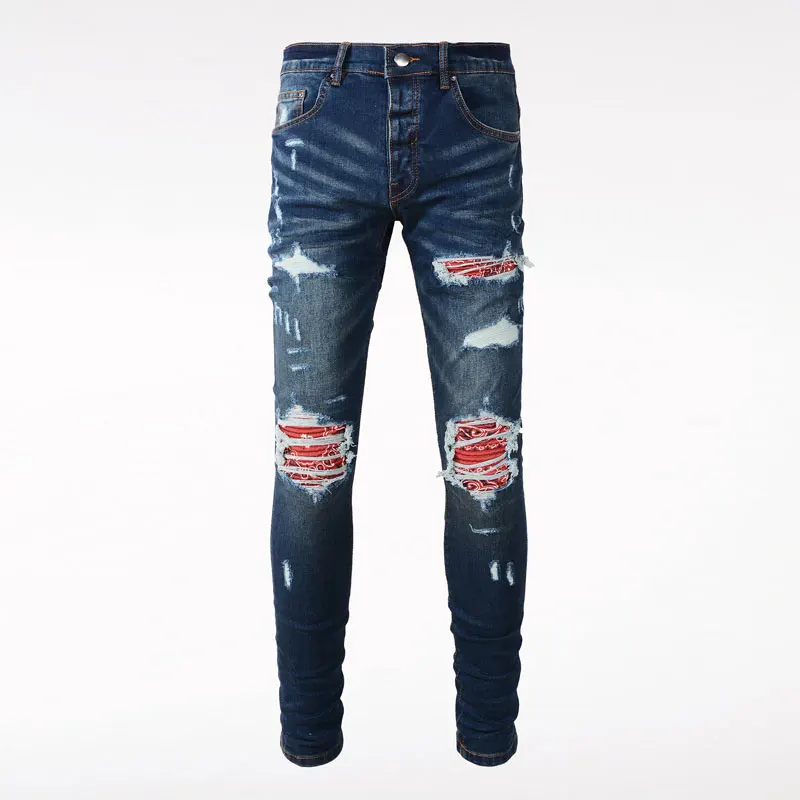 High Street Fashion Men Jeans Retro Washed Blue Stretch Skinny Ripped Jeans Men Red Paisley Patched Designer Hip Hop Brand Pants