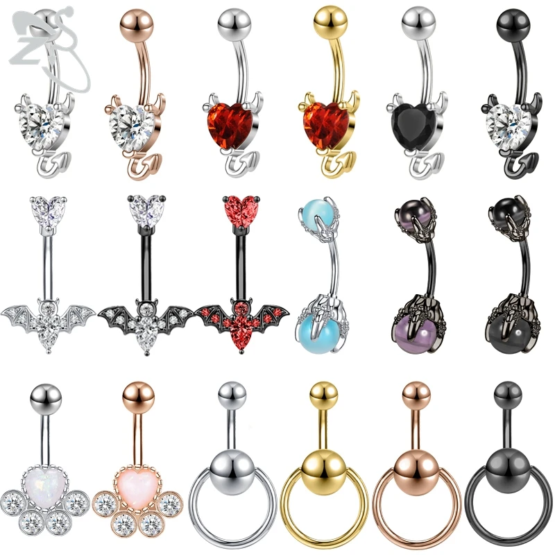 

ZS 1PC 14G Devil Shape Heart Belly Button Ring for Women 316L Stainless Steel Navel Piercing Red CZ Crystal Belly Piercing