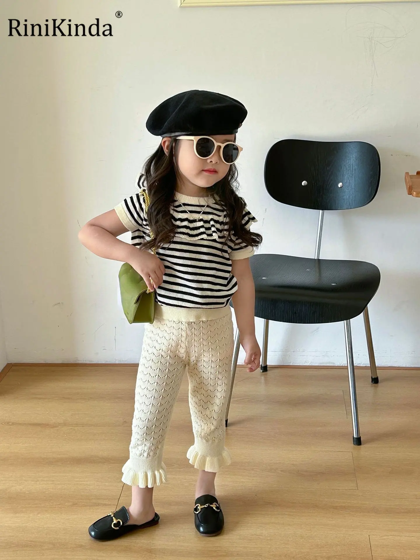 

Модная детская одежда для девочек, полосатая блузка с коротким рукавом, футболка, Топы, вязаные длинные брюки с поясом, костюм из 2 предметов ...