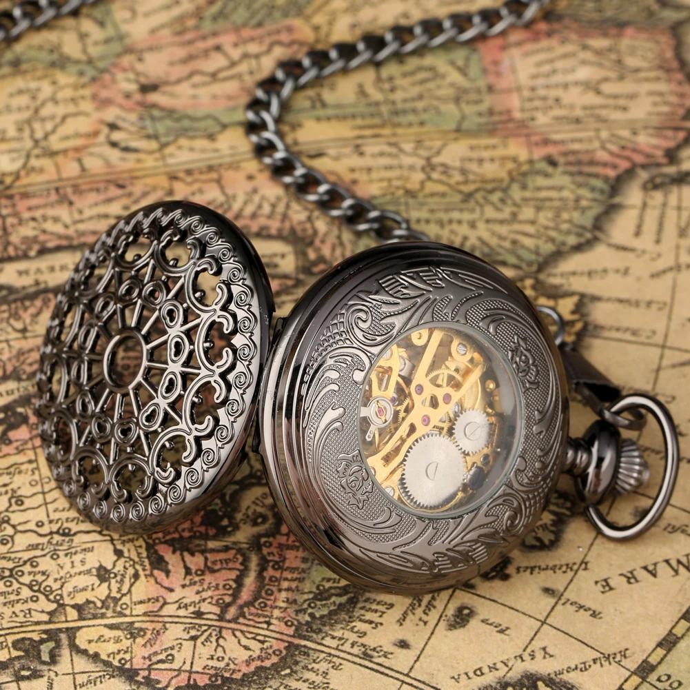 Arabic Numerals Display Manual Mechanical Pocket Watch Retro Black Spider Web Hollow Hand-Wind Pendant Man Clock Fob Chain