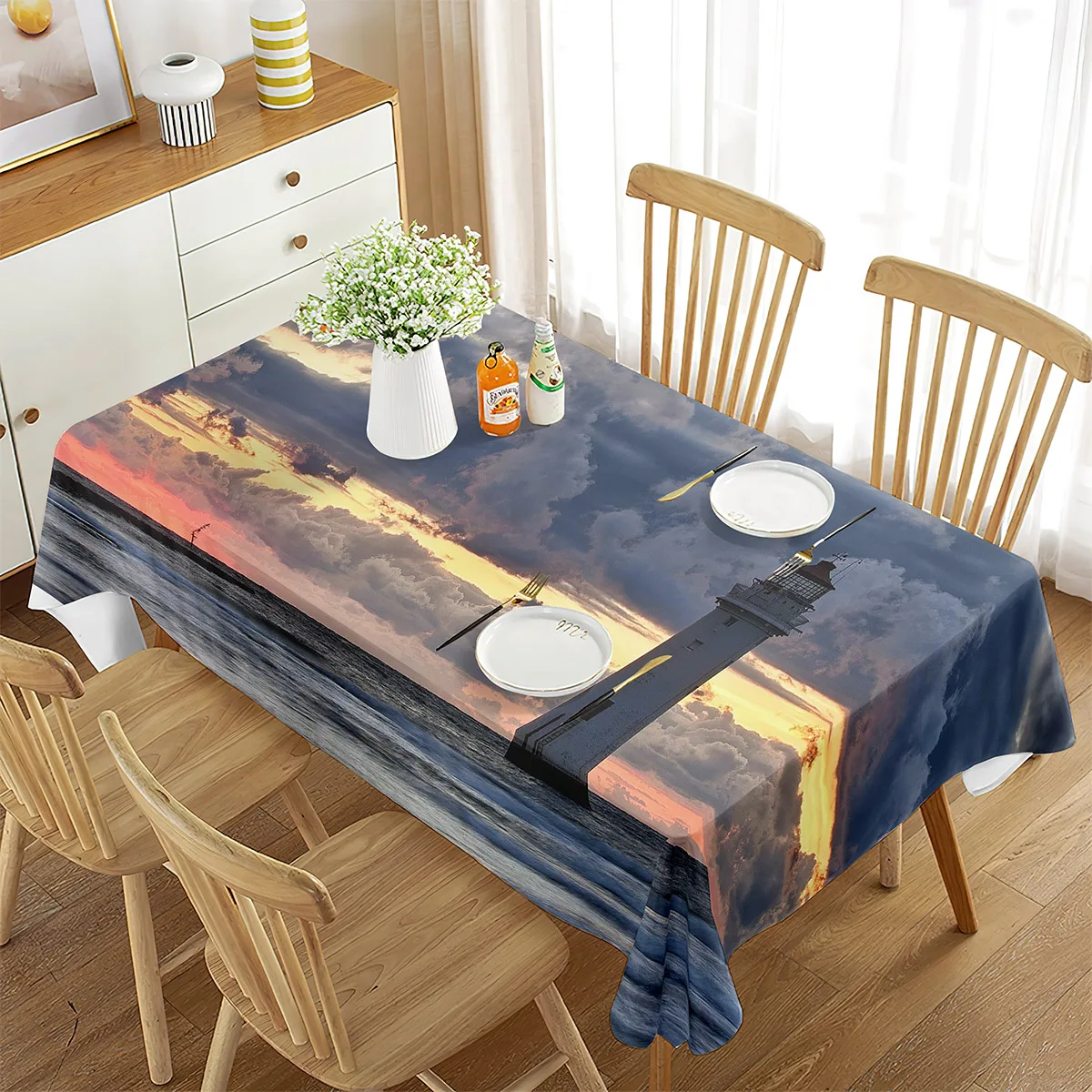 

Lighthouse Tablecloth Sunset Sea Pattern Rectangle Table Cover for Coffee Table Dining Room Living Room Kitchen Party Decoration