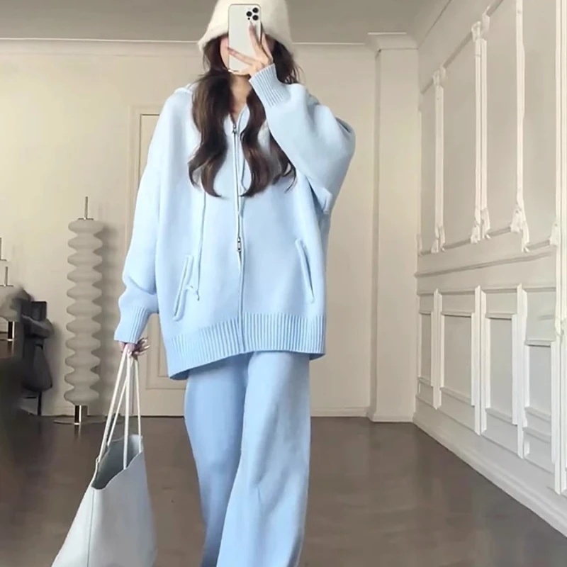 

Женский осенне-зимний костюм из свитера на молнии с капюшоном, винтажный Повседневный Свободный вязаный свитер, пальто, брюки с широкими штанинами, комплект из двух предметов