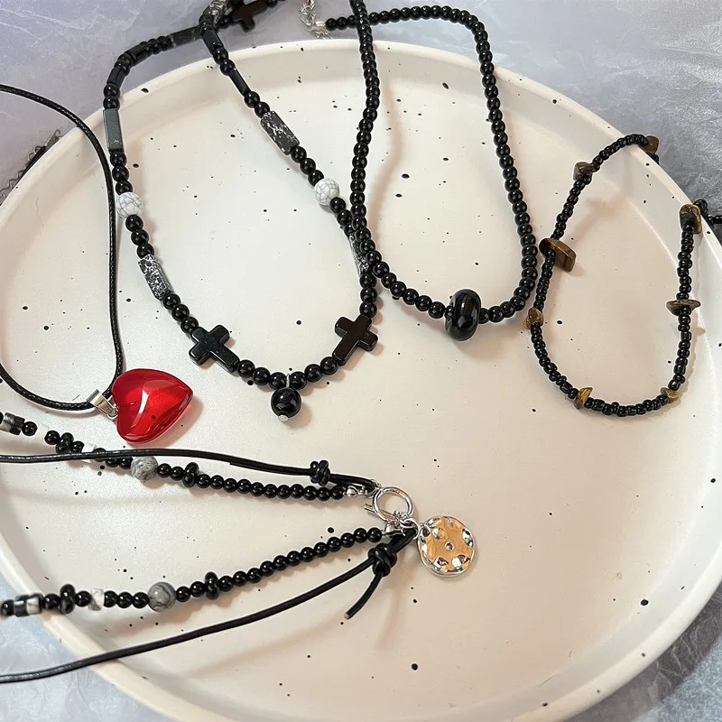 

Natural Round Minerals Stone Beads Pendant Necklace Jewelry For Lucky Women Men Handmade Black Rope Necklace Gifts Bulk