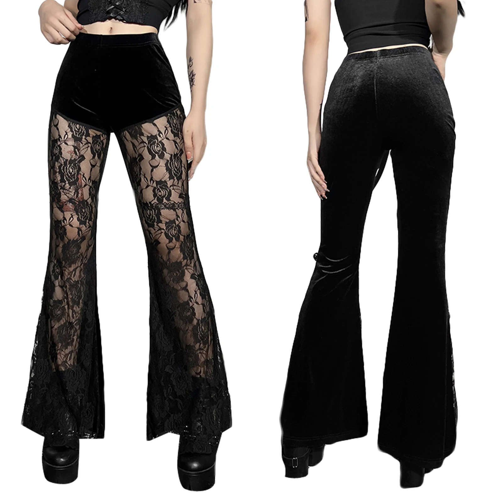 

Women Flared Pants with Lace Stitching Perspective High Waist Solid Color Summer Clothing