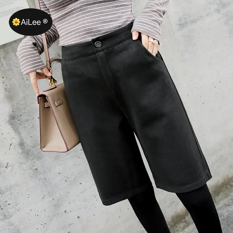 Knee Long Winter Wool Boots Shorts Women Wide Leg Shorts High Waist Pocket Warm Shorts Loose Autumn Wide Leg Casual Bottoms