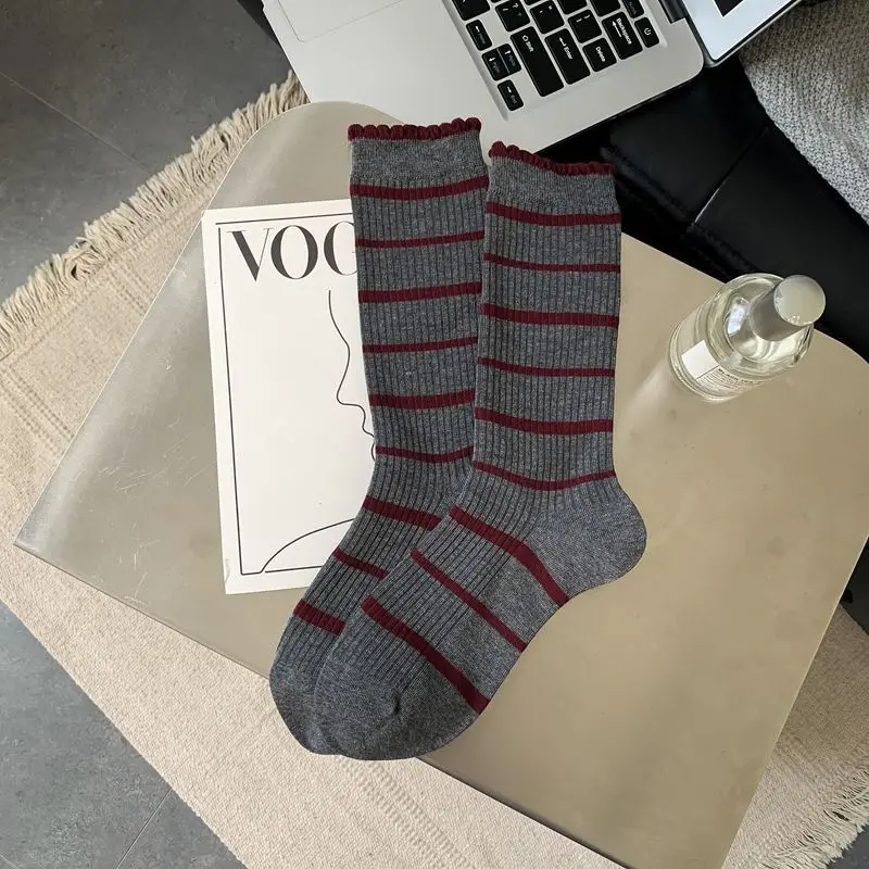 Красные Полосатые женские носки средней длины с бантом длинные носки-трубы серые