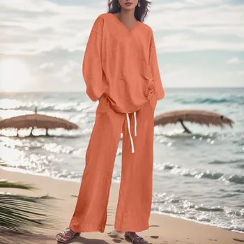 Cotton Linen Sets For Women 2 Piece Outfits V Neck Loose 3/4 Sleeve Oversized Top And Wide Leg Pants Sets Winter Outfits Women 1