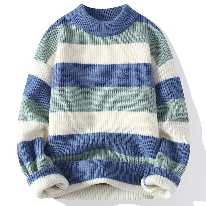 Мужской утолщенный теплый свитер свободный крой полосатый осенне-зимний топ